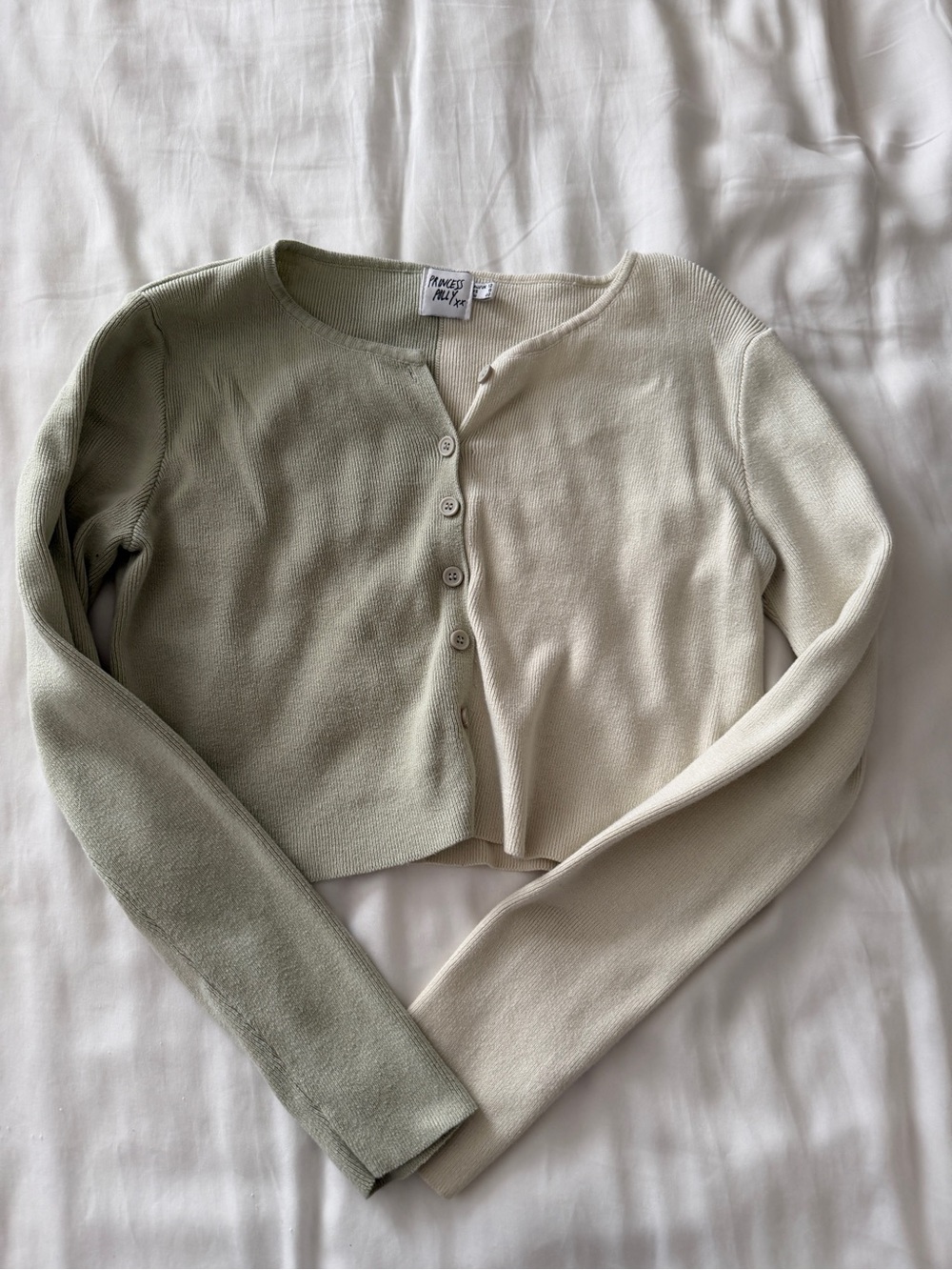 Princess Polly Two-Tone Cropped Cardigan in Sage & Cream